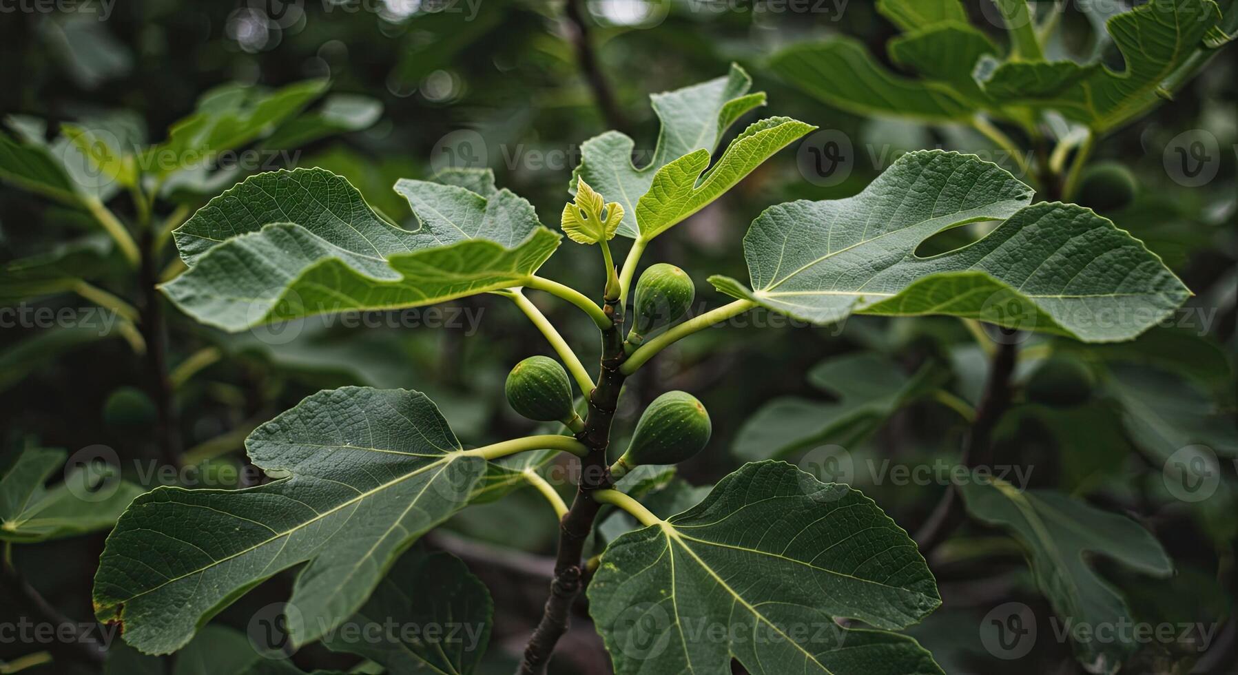 Close-up view of a fig tree branch with green leaves and developing figs in nature photo