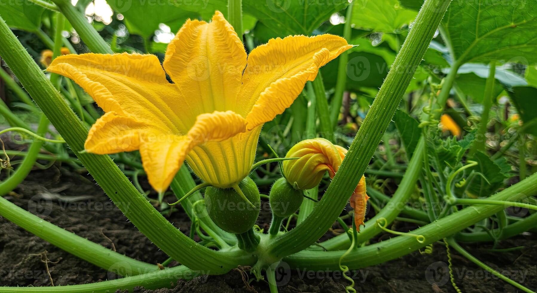 Close-up view of a vibrant yellow squash flower with green stems and developing fruits photo