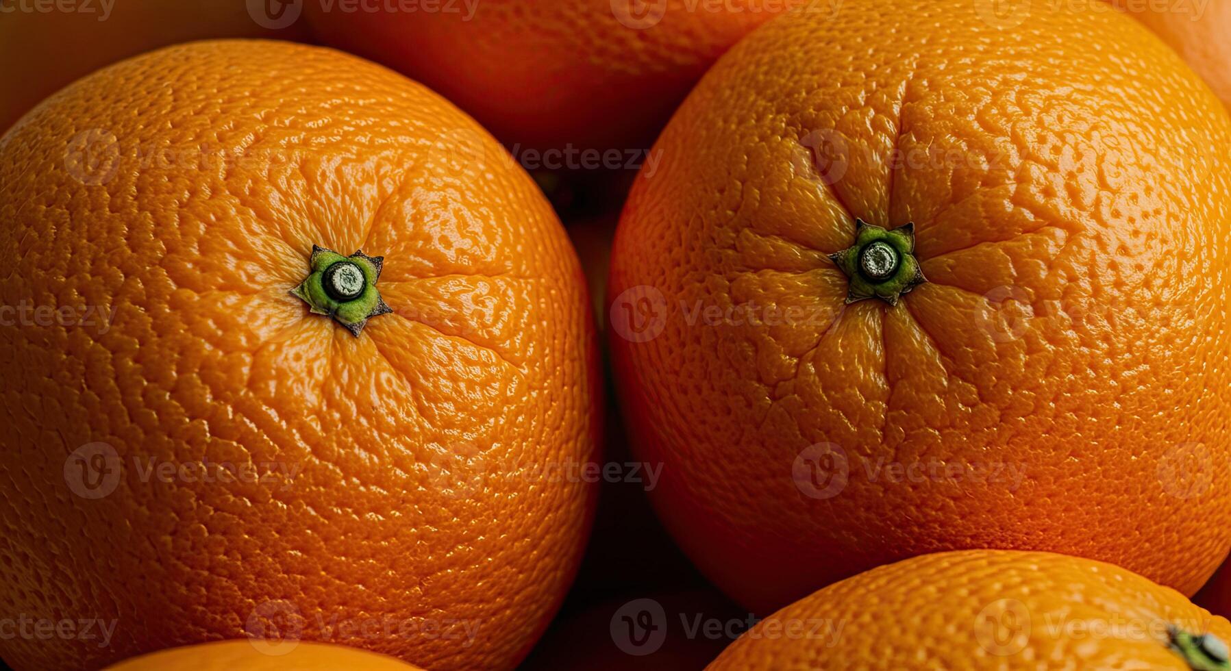 Close-up view of juicy ripe oranges with textured skin and green stems ready to eat photo