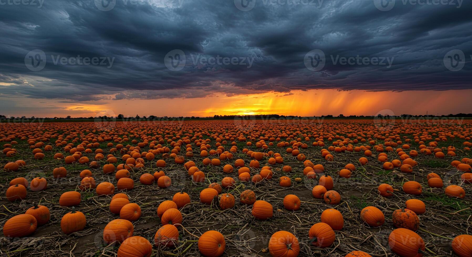 Dramatic sunset over a vast pumpkin field with a stormy sky during autumn season photo