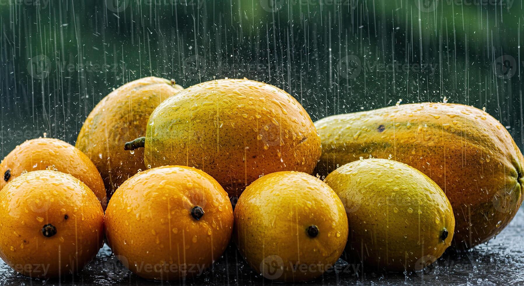 Fresh, ripe citrus fruits glistening with water droplets under the refreshing summer rain photo