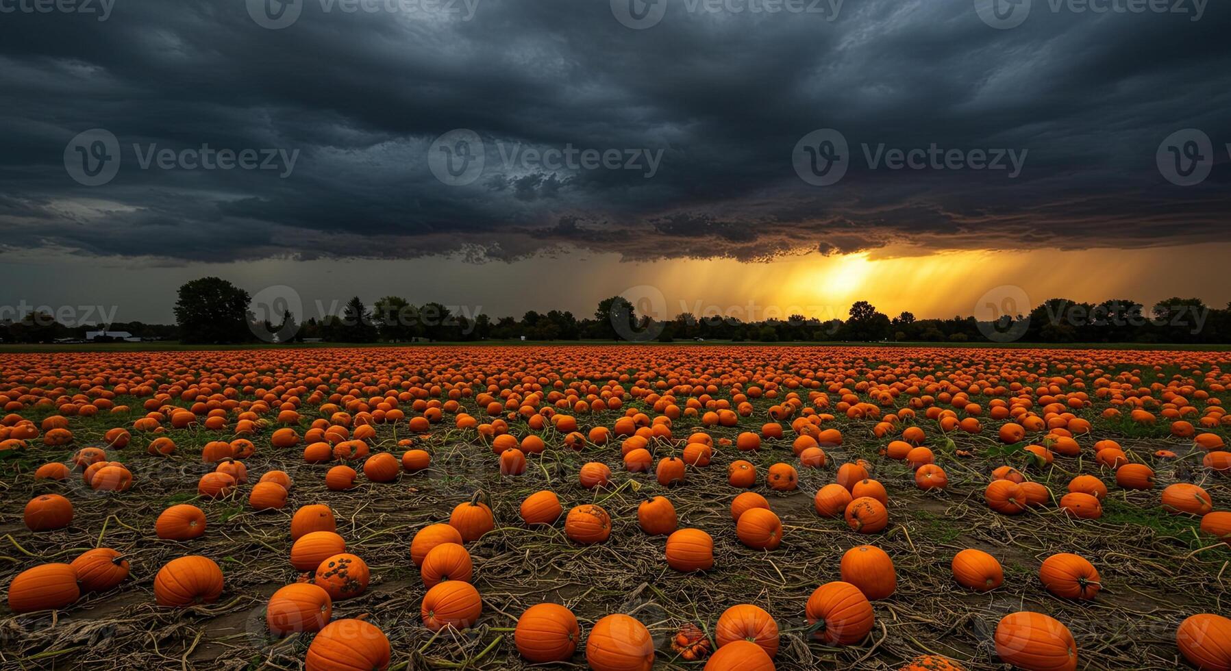 Vast pumpkin field under a dramatic stormy sky with vibrant sunset light photo