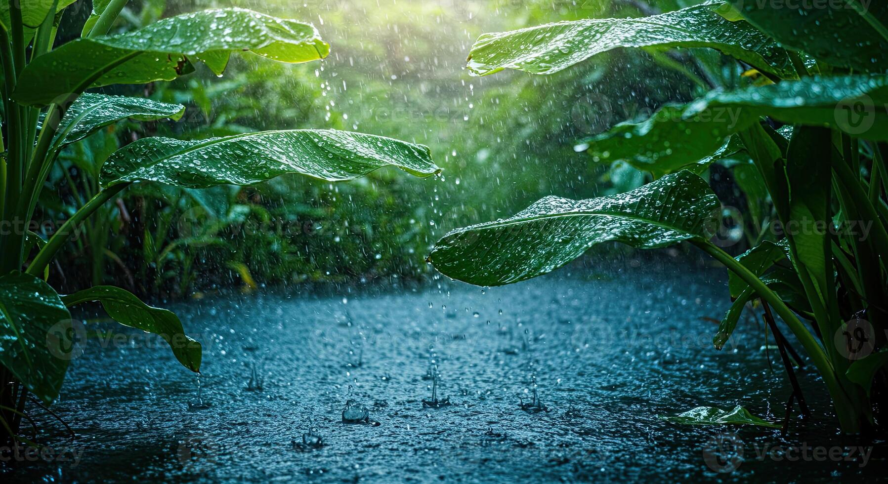 Lush green foliage and heavy rain creating a tranquil and refreshing natural scene photo