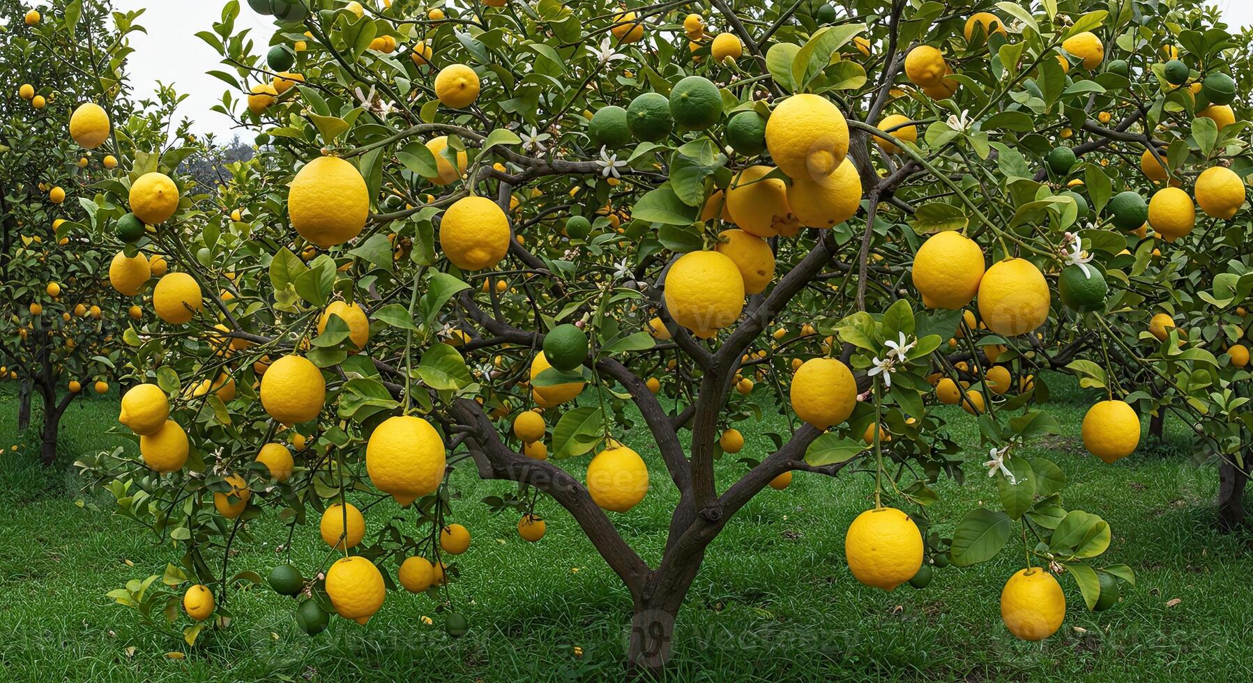 Lush lemon trees laden with ripe fruit growing in a sunny orchard environment. photo