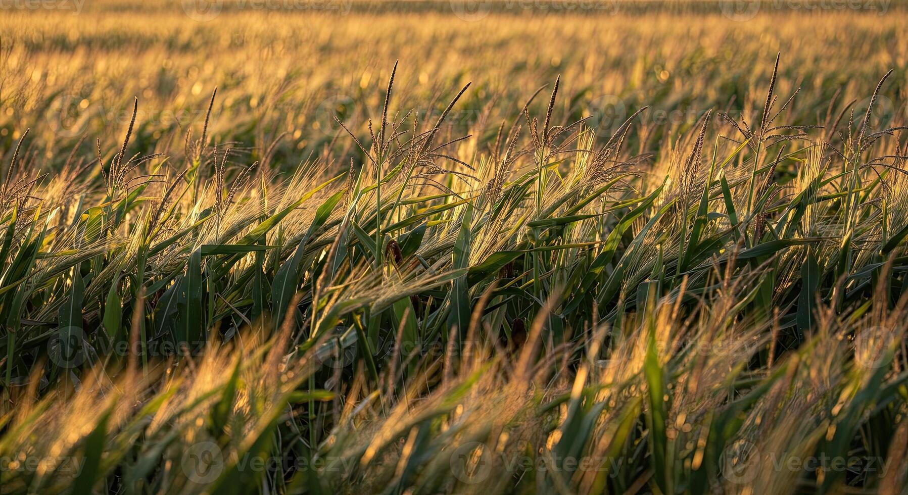 Golden sunlight bathes a field of corn stalks, creating a warm, serene landscape. photo