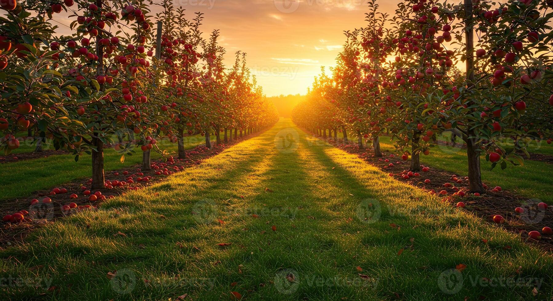 Stunning view of a sunlit apple orchard with rows of trees and fallen fruit photo
