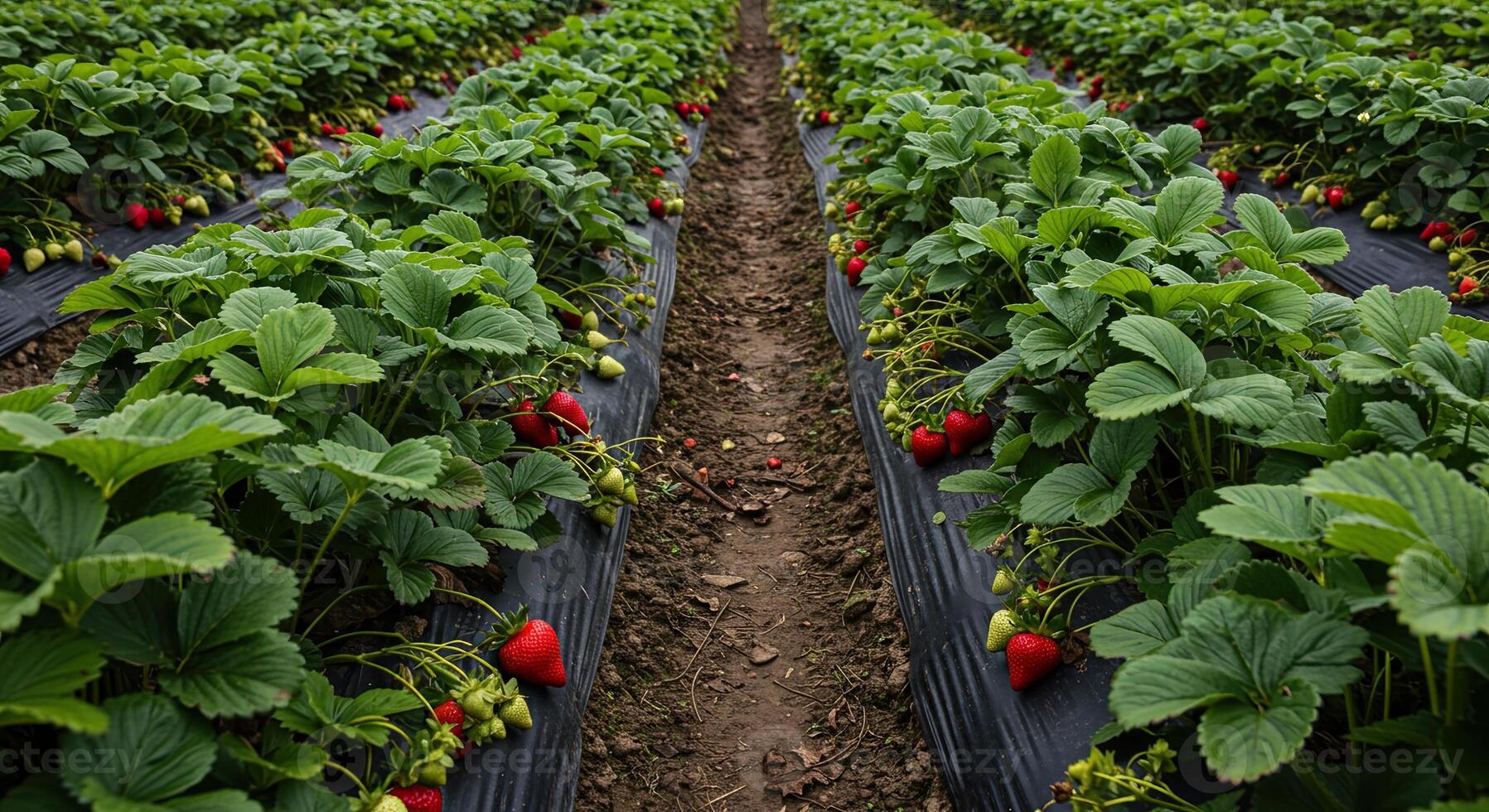 Rows of vibrant strawberry plants in a field, ready for harvest season with ripe berries. photo