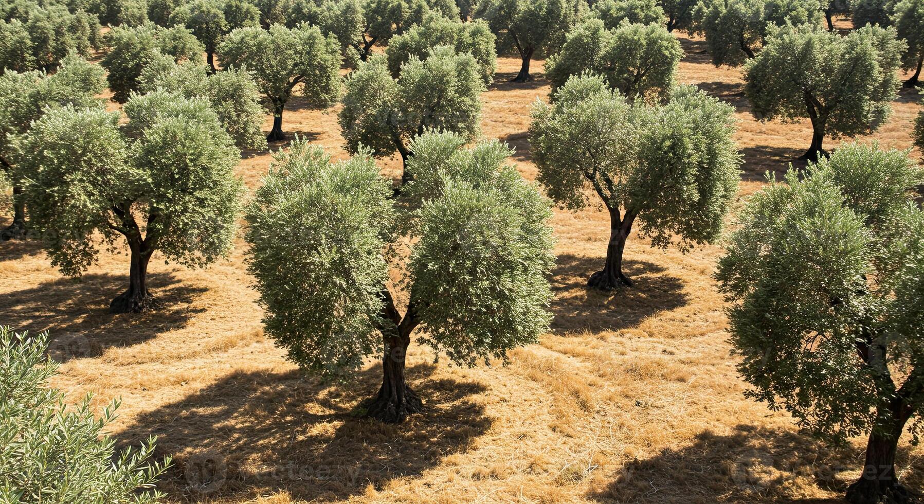 Olive orchard field with numerous trees and shadows in a sunlit agricultural scene photo