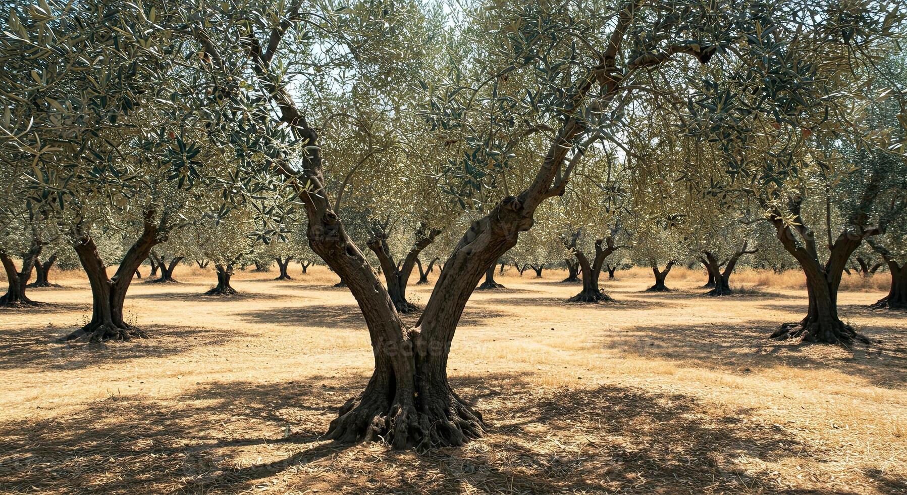 Scenic view of an olive tree grove under the bright sunlight on a summer day. photo