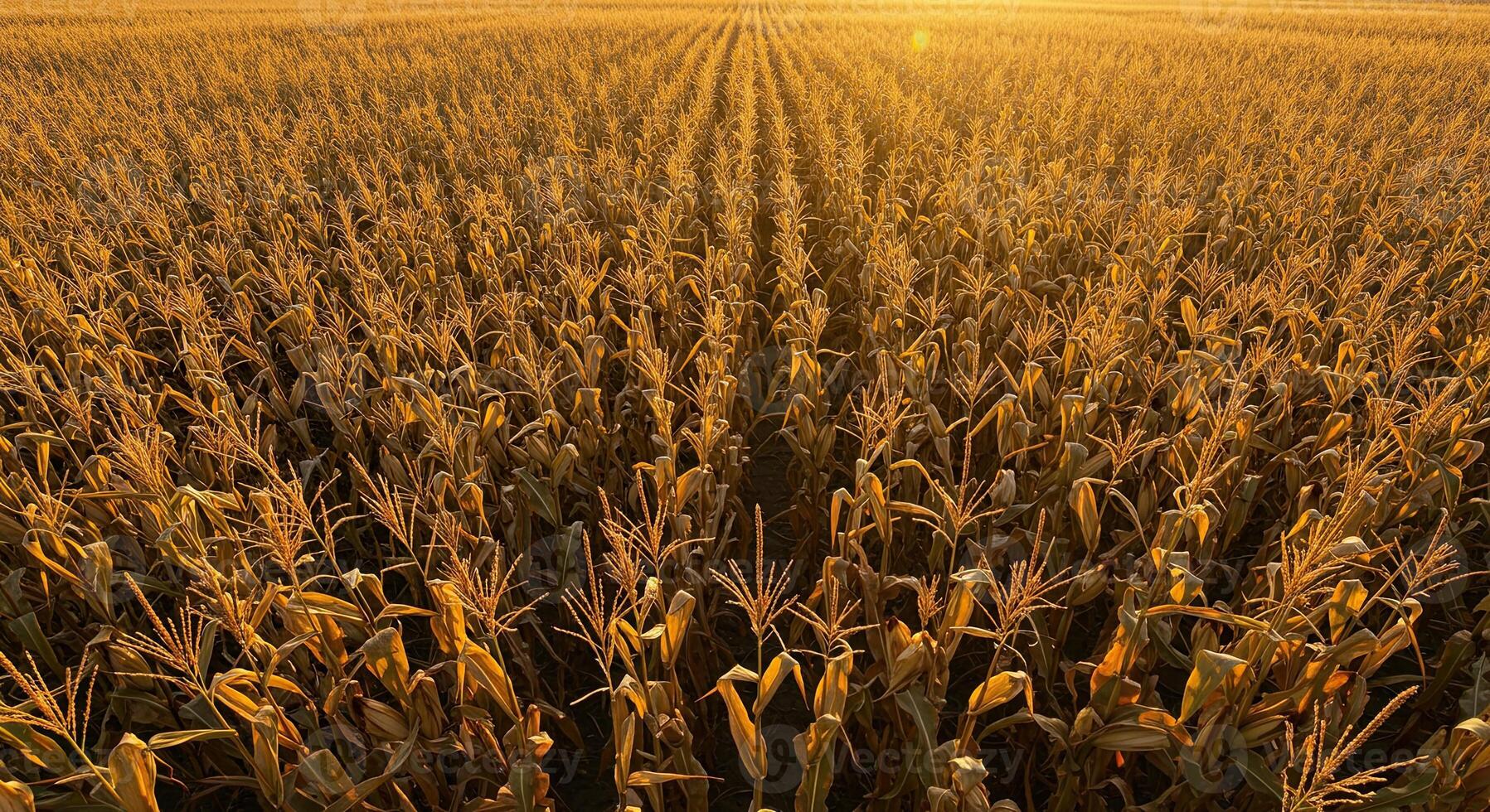 Golden hour sunlight bathes a vast field of mature, flourishing corn stalks, rows. photo