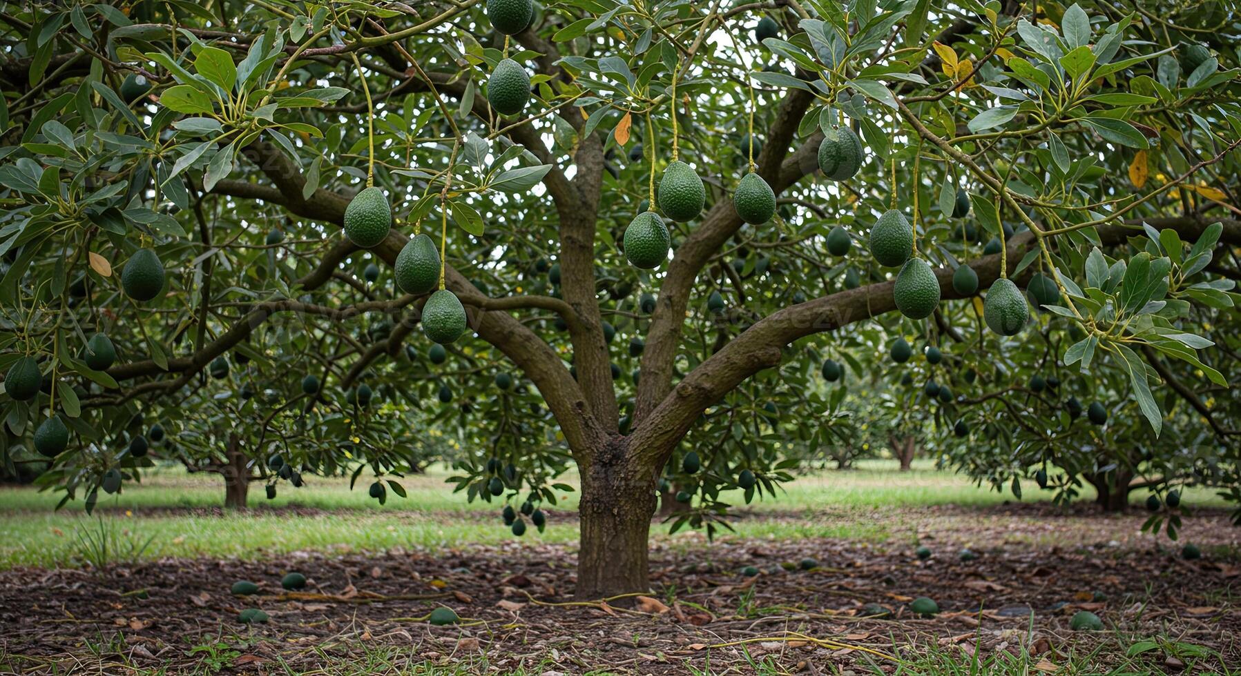 Lush avocado tree laden with ripe fruit growing in a sunny orchard environment photo