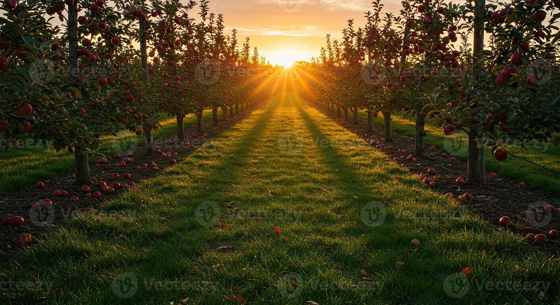 Orchard of apple trees with sunlight and shadows creating a beautiful landscape scene photo