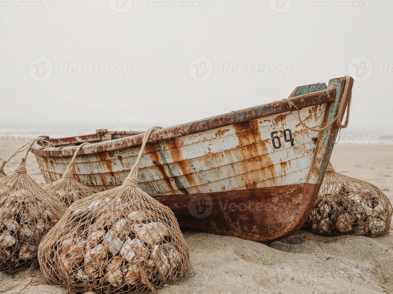 An old boat on the beach with a net photo