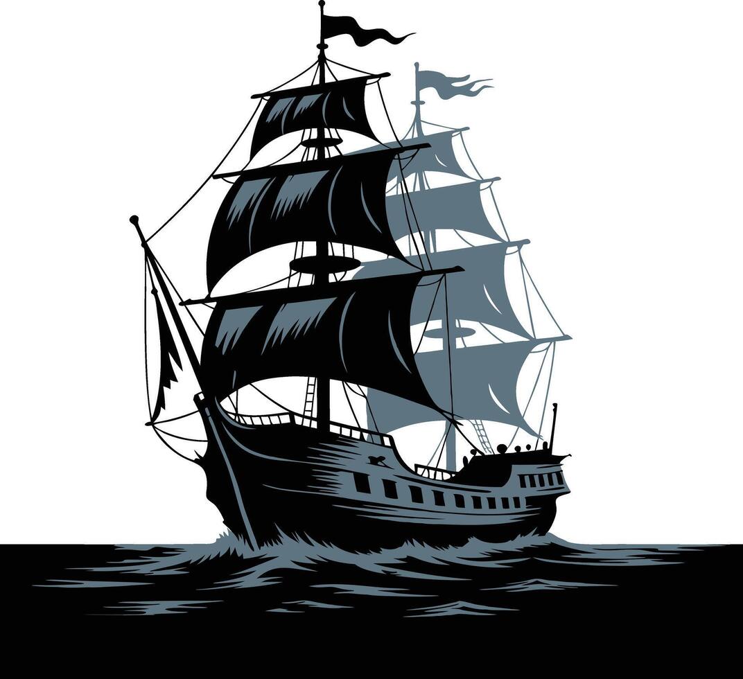 Vintage Pirate Ship Illustration, Classic Sailing Vessel on Ocean Waves vector