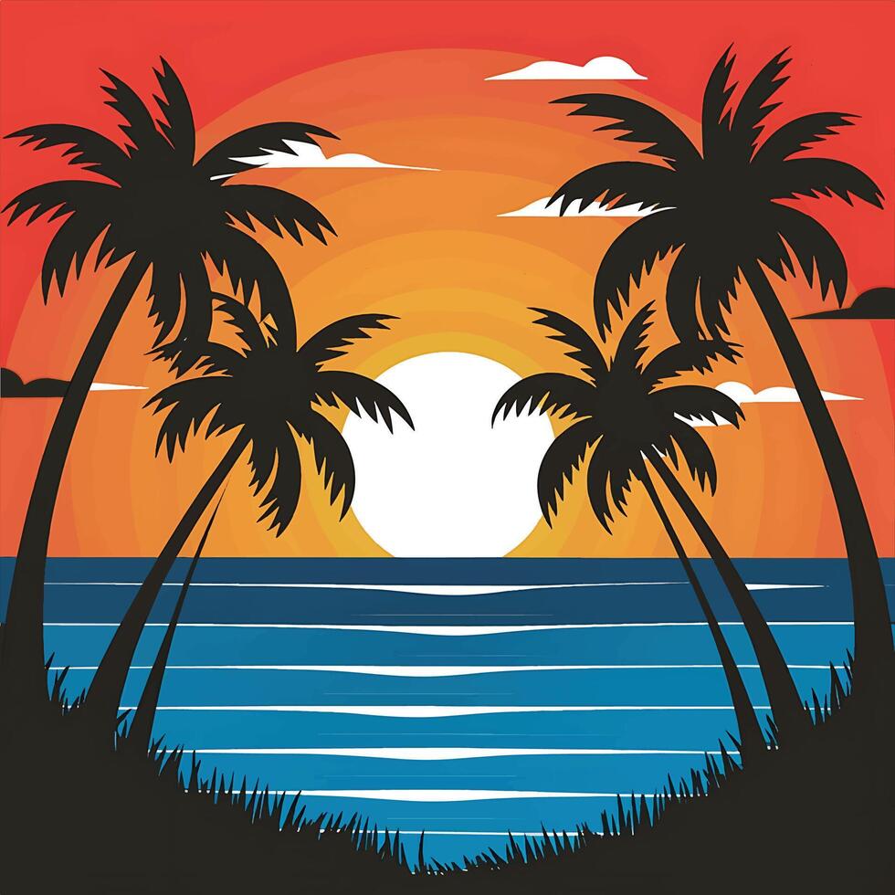 Stunning Summer Sunset Over Ocean, Vibrant Illustration with Palm Trees vector