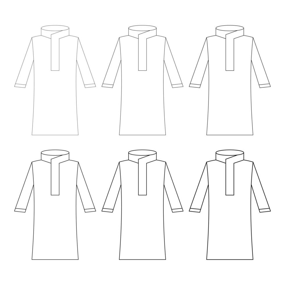 Islamic Thobe Line Art Set, Minimalist Jubba or Kandura Outline Illustrations for Men's Traditional Wear vector