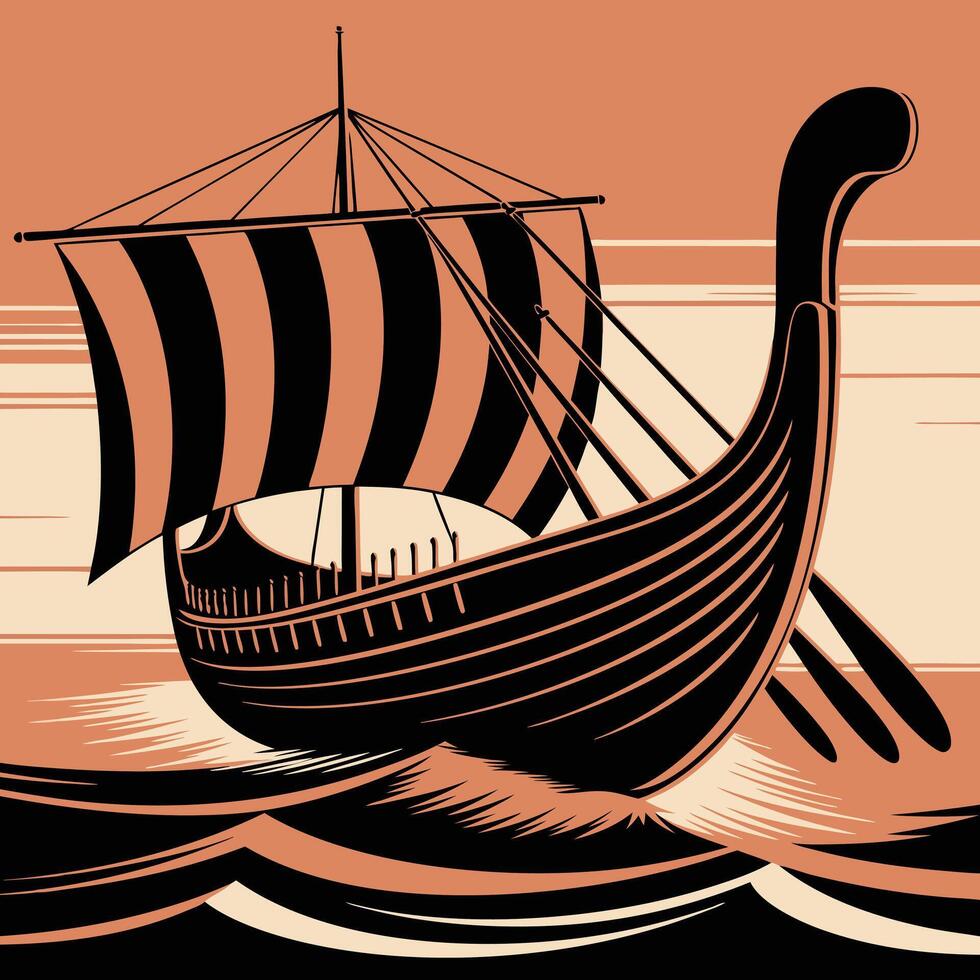 Viking Ship Illustration, Ancient Norse Longship with Striped Sail on Ocean Waves vector