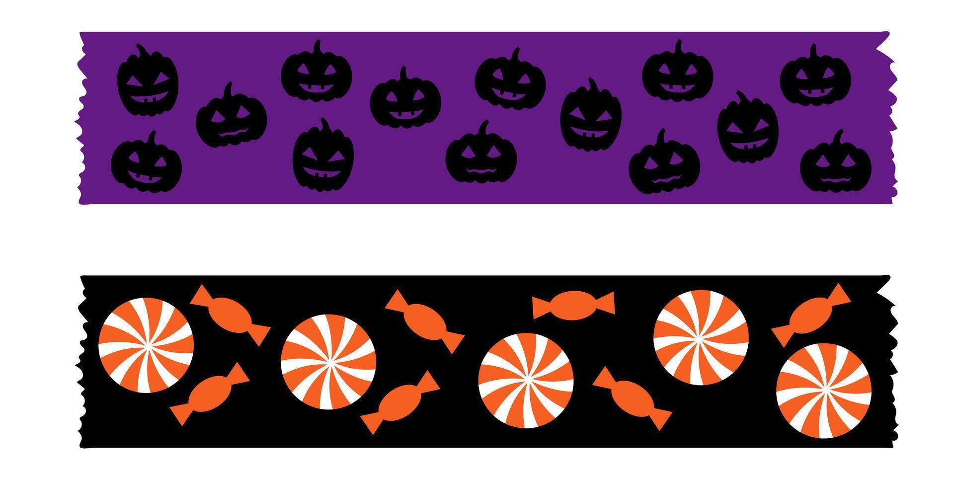 Decorative Halloween washi tape collection featuring cute pumpkins bats and spiders. masking tape in black purple and orange for wrapping paper scrapbook crafts and festive projects. vector