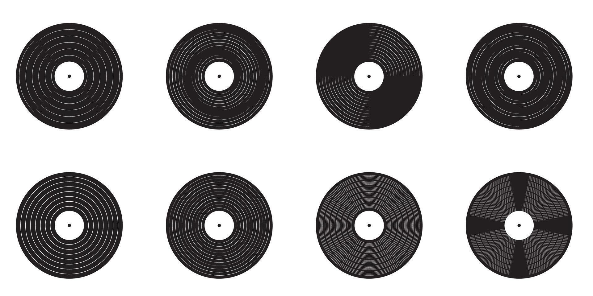 Long play vinyl discs and turntable icons DJ music equipment set Retro disco style 1970s to 1990s Nostalgic illustration isolated vector