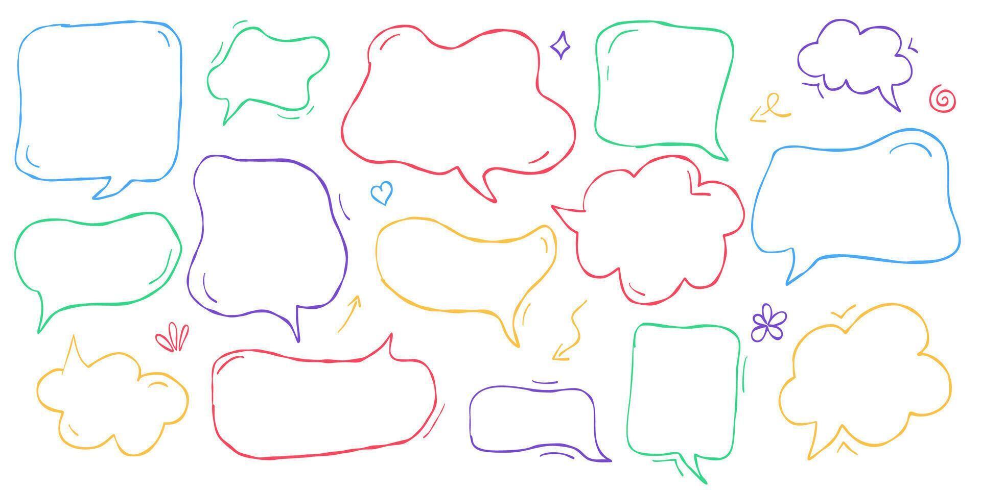 Handwritten speech bubble collection in crayon and chalk style. Cute pastel talk clouds for kids with pencil drawn dialog frames. Childlike text boxes and doodle balloons in Japanese kawaii theme. vector
