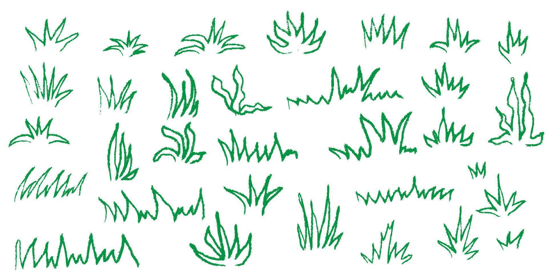 Green grass line background in crayon and pastel texture. Hand drawn doodle style sketch with pencil marker and chalk strokes. green field element for garden or nature themed children design. vector