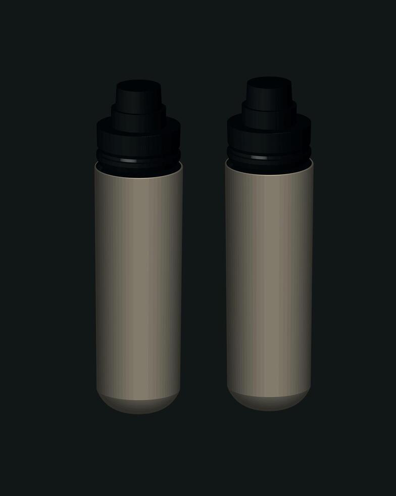 Two bottles colored cream with black caps, standing upright against a dark background. vector
