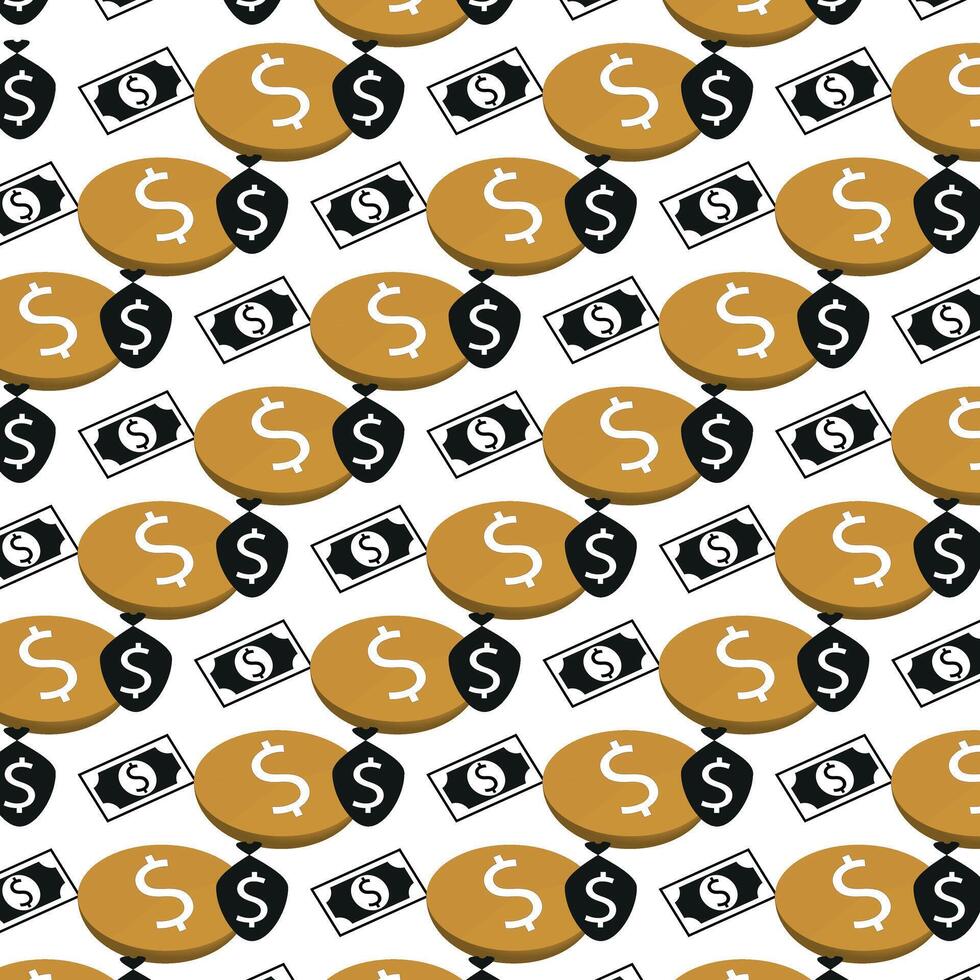 A pattern featuring stylized depictions of currency symbols, coins, and money bags set against a contrasting backdrop, conjuring visions of abundance and prosperity vector