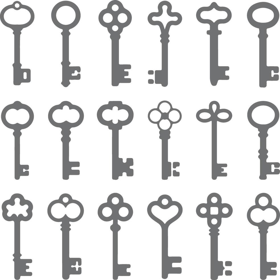 Eighteen Gray Silhouette Keys Collection Various Antique Styles Ornate Designs Icons Set vector