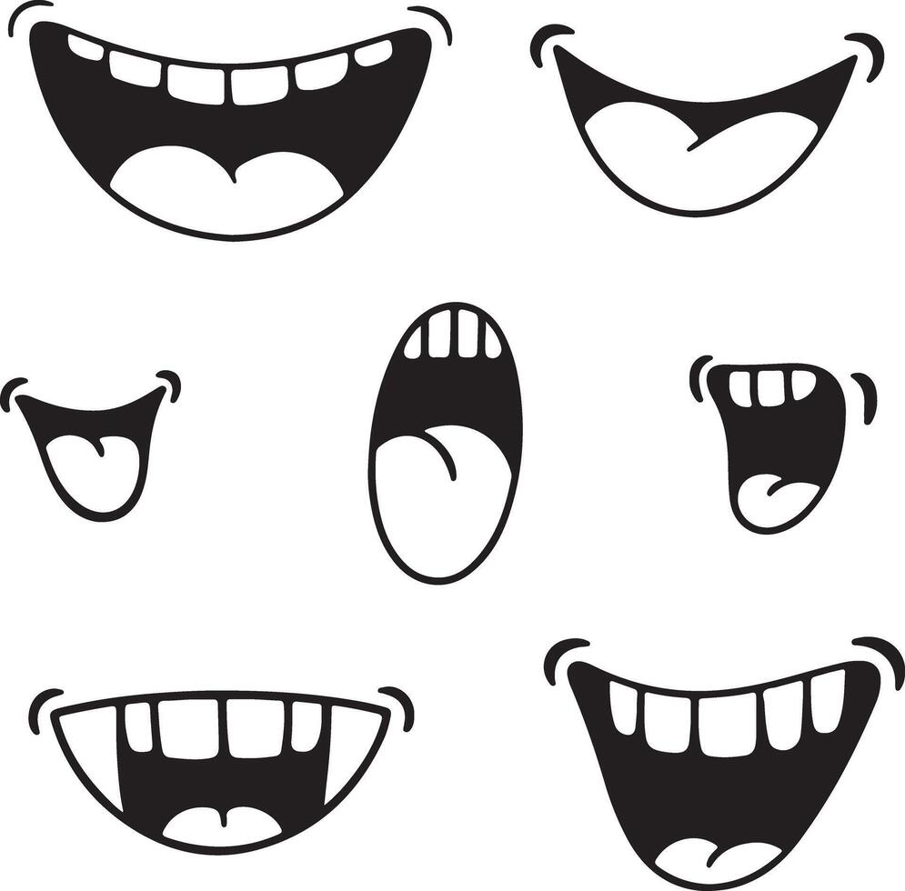 Collection of Six Cartoon Mouth Silhouettes Showing Various Expressions Including Smiling Open Mouths with Teeth Showing and a Silhouette of a vector