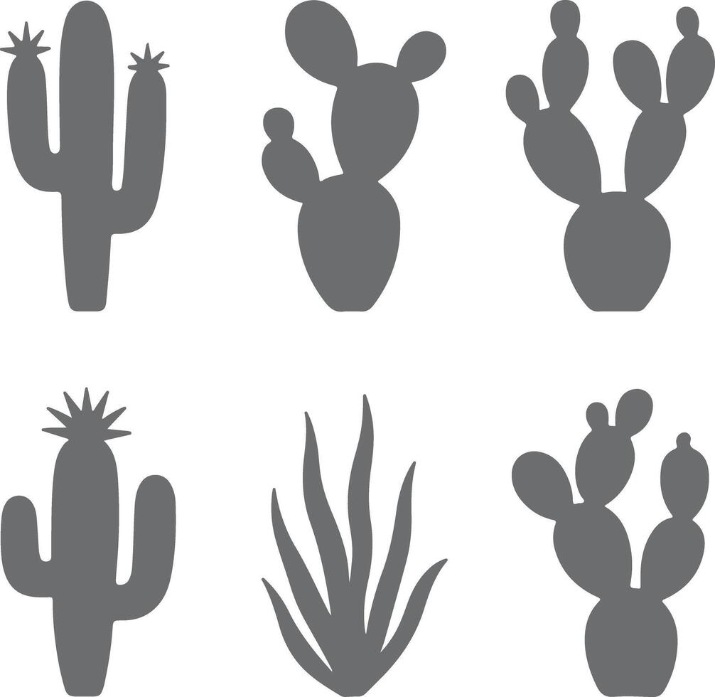 Six Gray Cactus and Succulent Plant Silhouettes on White Background Simple Desert Botanical Illustrations Gray Scale Desert Flora Icons vector