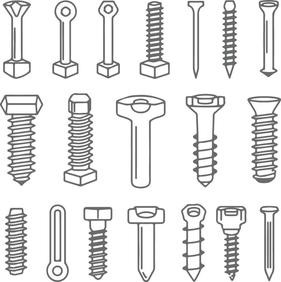 Collection of Gray Metal Screws Bolts and Nails Various Shapes and Sizes Silhouette Line Art Technical Drawing vector