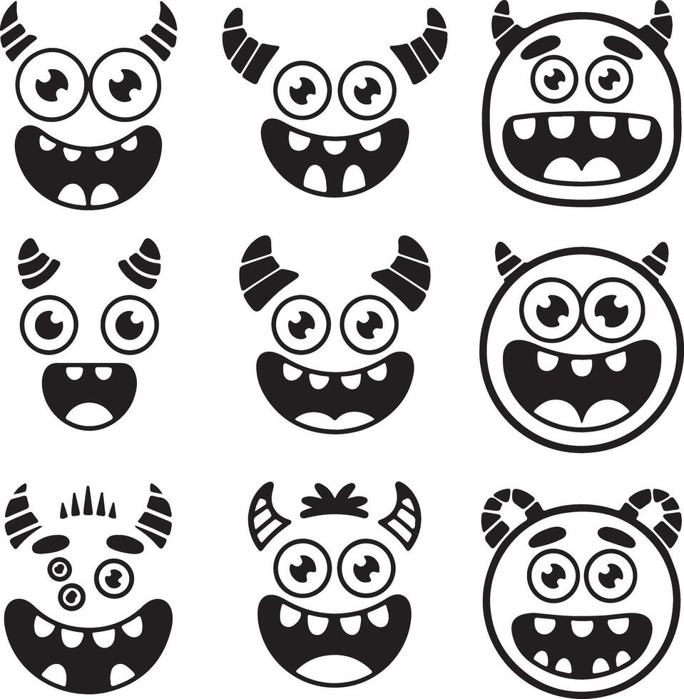 Nine playful black silhouette monster faces with horns big eyes and wide grins various expressions cartoon style illustration vector