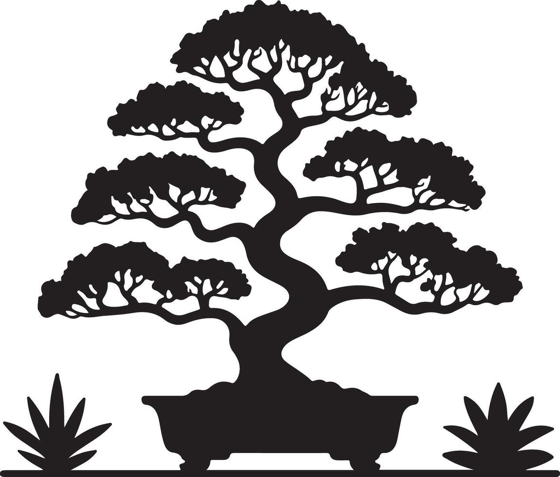 Black Silhouette Bonsai Tree in Pot with Agave Plants Detailed Illustration of a Japanese Bonsai Tree in a Black Pot Flanked by Two Agave Plants vector