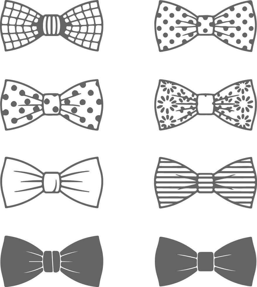 Eight Gray Scale Bow Tie Silhouettes Featuring Various Patterns Including Grid Polka Dots Floral and Stripes vector