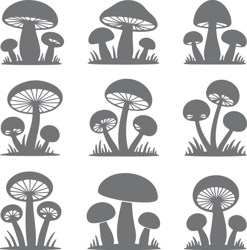 Nine Gray Mushroom Silhouette Groups Set in Grass Simple Nature Illustration Design Elements vector