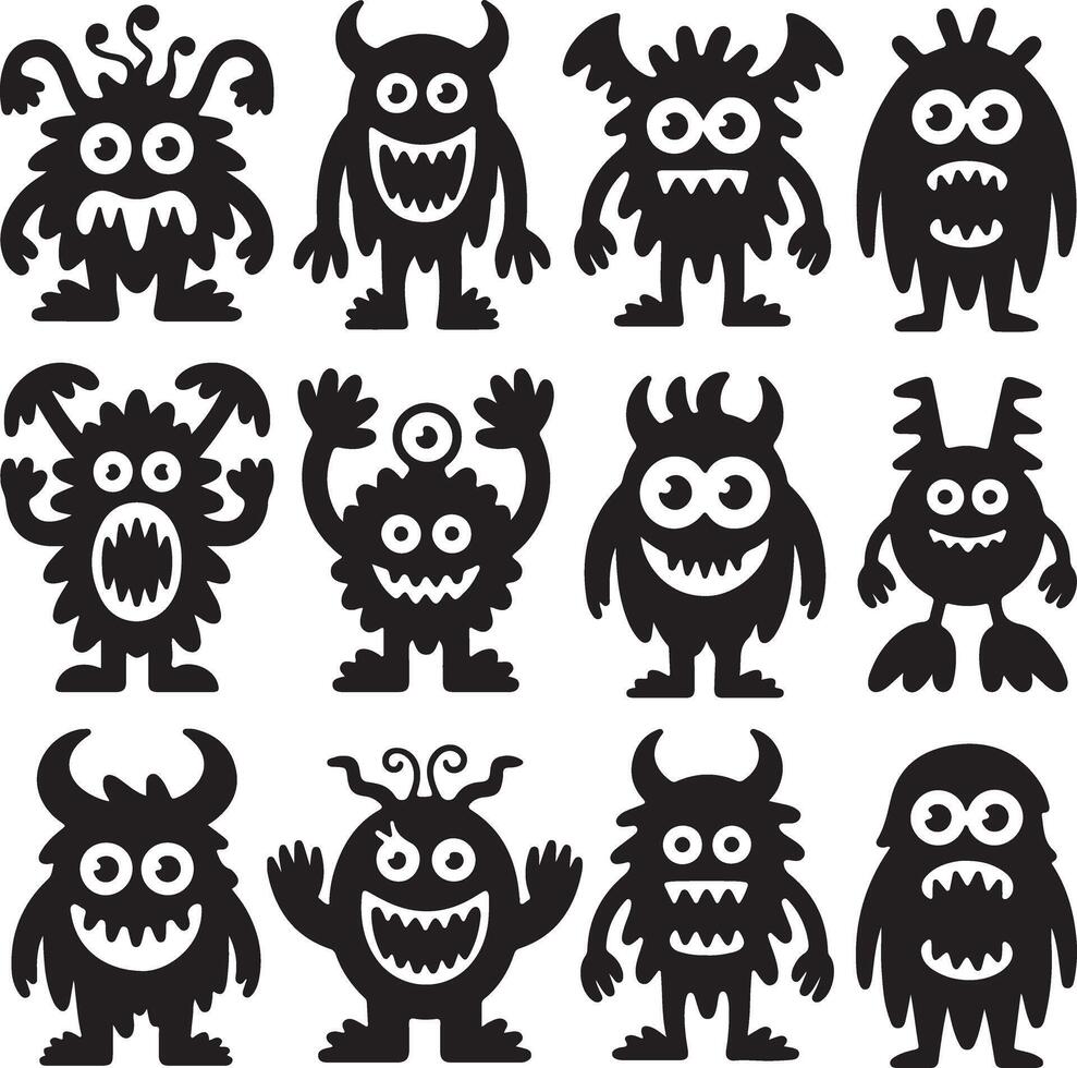 Twelve Black Silhouette Monsters Cartoon Characters Set Funny Cute Friendly Big Eyes Grinning Teeth Various Shapes and Sizes vector