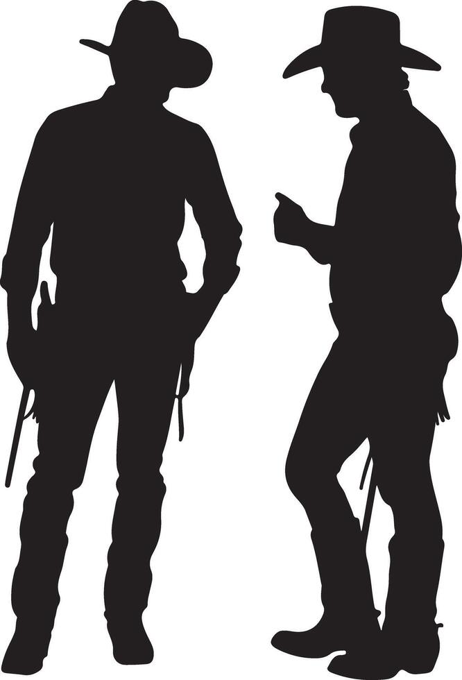 Two Black Silhouettes of Cowboys Wearing Hats and Boots Engaging in Conversation One Cowboy Appears to be Gesturing vector
