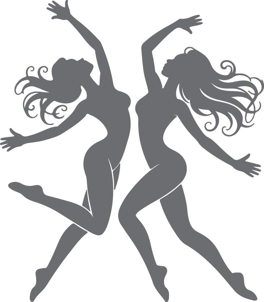 Two Gray Female Silhouettes Dancing Gracefully with Flowing Hair a Dynamic Pose Against a White Background a Stylized Art Deco Inspired Design vector