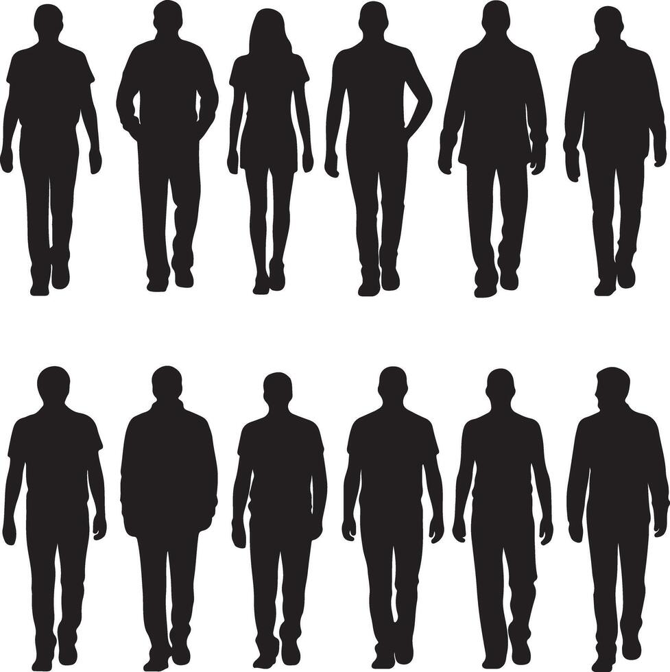 Twelve Black Silhouettes of People Walking Forward Simple Minimalist Graphic Design vector