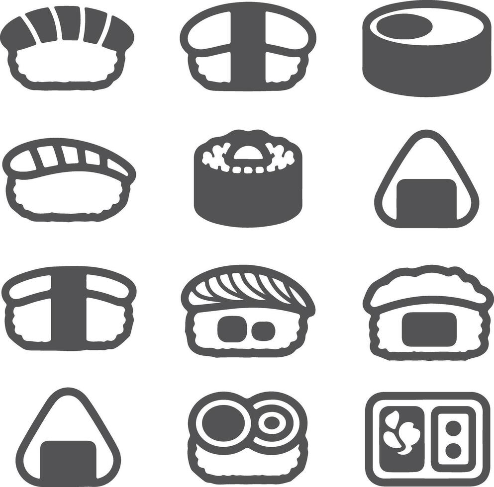 Twelve Gray and White Sushi and Onigiri Silhouette Icons Set Japanese Food Menu Graphic Design Elements vector