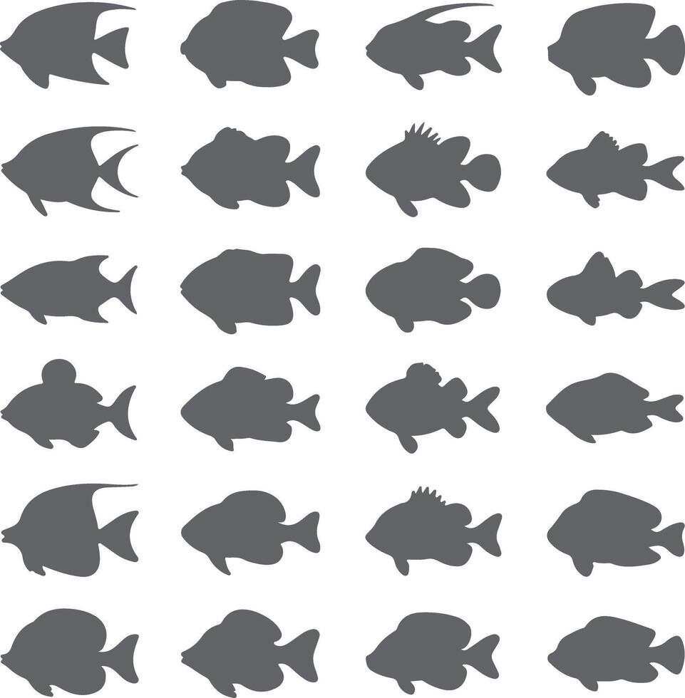 Twenty Four Gray Fish Silhouettes Various Shapes and Sizes Aquatic Life Set Simple Design Graphic vector