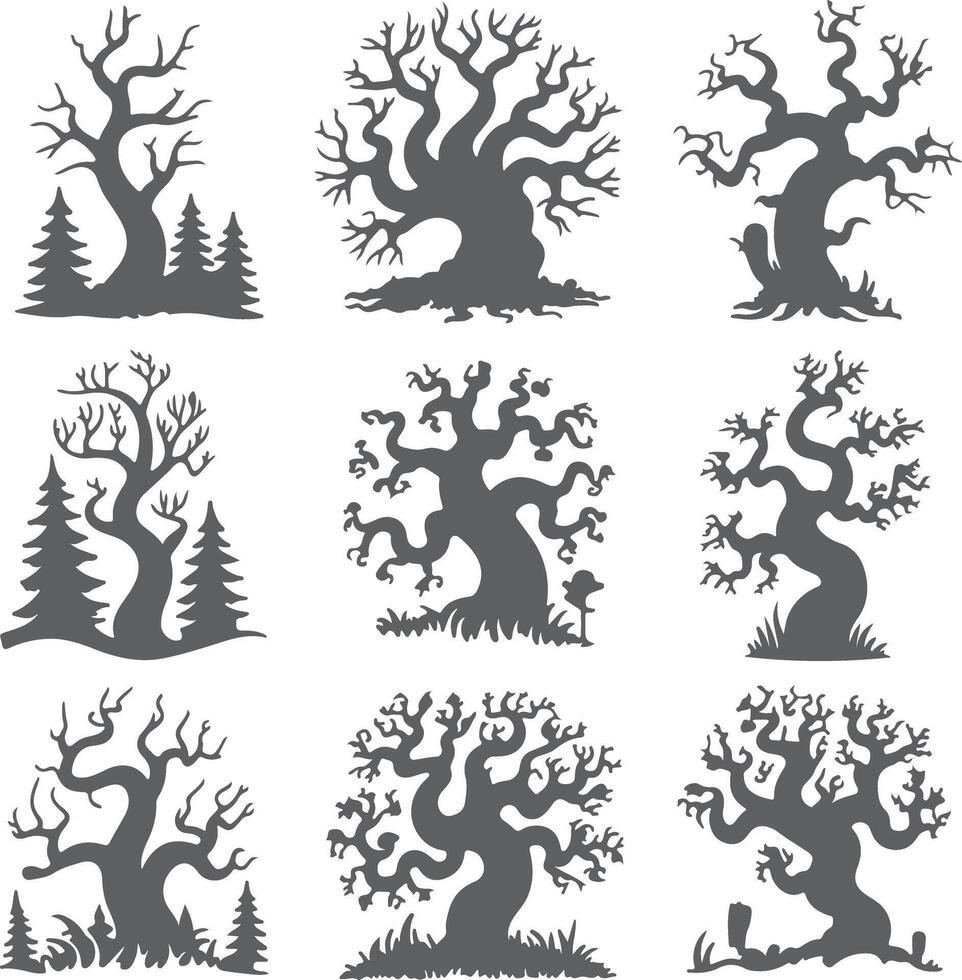 Nine Gray Silhouette Tree Illustrations Featuring Twisted Branches and Small Conifers Some Trees Display a Spooky Halloween Vibe vector