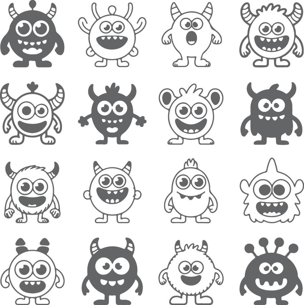 Sixteen Gray and White Cartoon Monster Silhouettes Happy Expressions Various Shapes and Sizes Cute Childish Design Elements 1 vector
