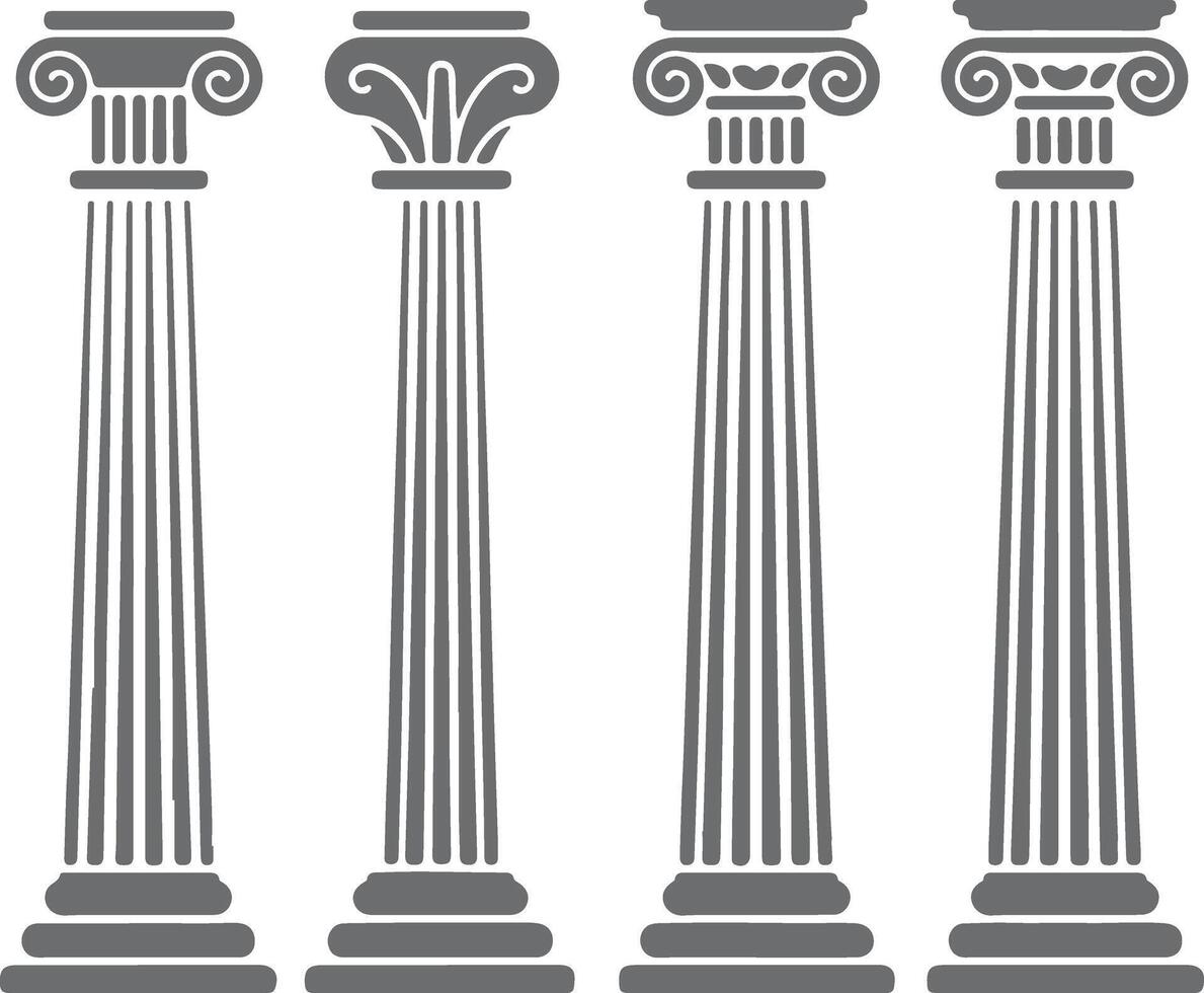 Four Gray Classical Columns Architectural Design Elements Silhouette Ionic Doric Tuscan Corinthian Styles Illustration vector