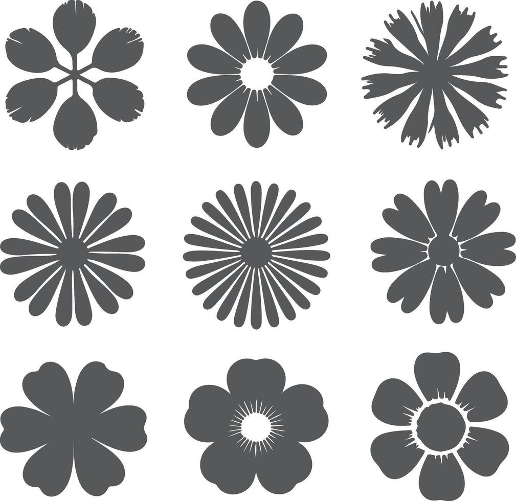 Nine Dark Gray Flower Silhouettes Various Styles Simple Floral Designs Botanical Elements Graphic Set vector