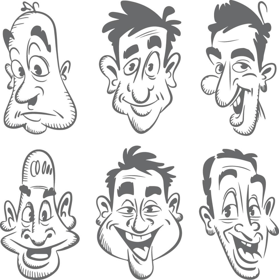 Six grayscale cartoon male head silhouettes expressive faces various emotions happy surprised grumpy silly comical illustrations hand drawn style vector