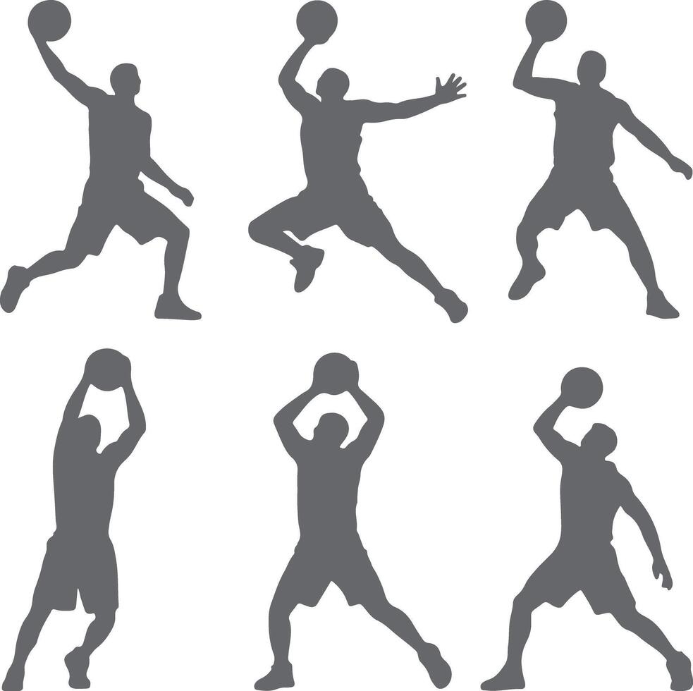 Six Gray Silhouettes of Basketball Players in Various Action Poses Shooting and Holding the Ball on White Background vector