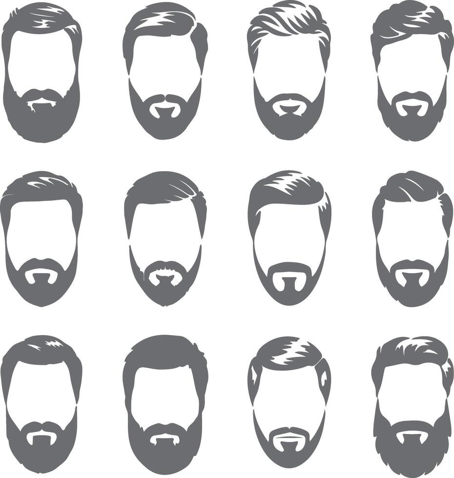 Twelve Gray Silhouettes of Mens Hairstyles and Beards Various Hair and Beard Styles Collection Grey Faceless Men Icons Set vector