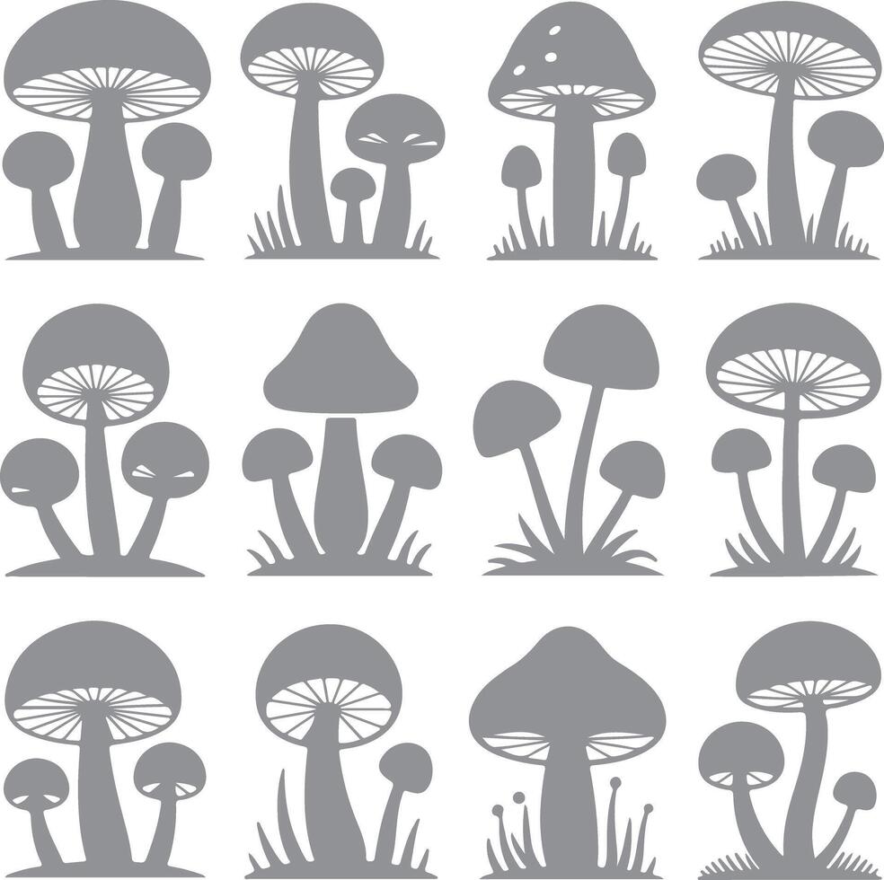 Twelve Gray Mushroom Silhouettes Set Various Sizes and Styles Grass Backgrounds Simple Nature Illustration Graphic Design Elements vector