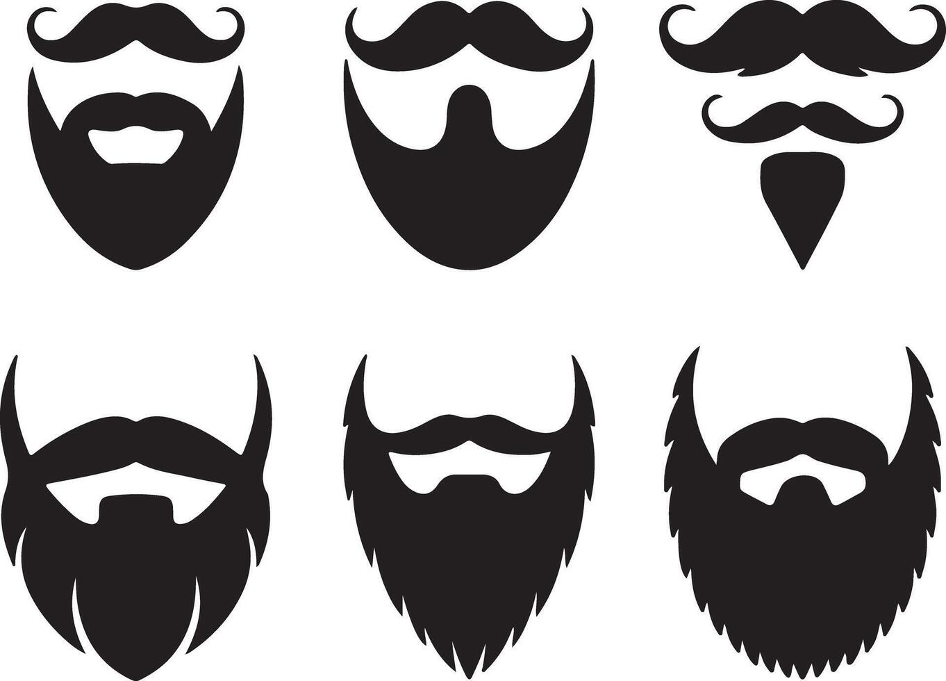 Collection of Six Black Silhouette Mustaches and Beards Various Styles and Shapes Isolated on White Background vector